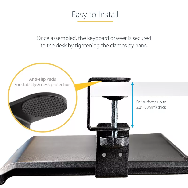 StarTech.com prateleira para teclado sob a mesa, suporte ergonómico de teclado com fixação, até 12 kg, prateleira retrátil para teclado e rato com grampos em C, prateleira de teclado com altura ajustável (100/120/140 mm)