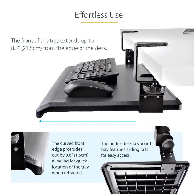 StarTech.com prateleira para teclado sob a mesa, suporte ergonómico de teclado com fixação, até 12 kg, prateleira retrátil para teclado e rato com grampos em C, prateleira de teclado com altura ajustável (100/120/140 mm)