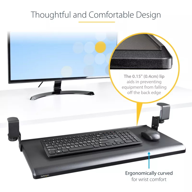 StarTech.com prateleira para teclado sob a mesa, suporte ergonómico de teclado com fixação, até 12 kg, prateleira retrátil para teclado e rato com grampos em C, prateleira de teclado com altura ajustável (100/120/140 mm)