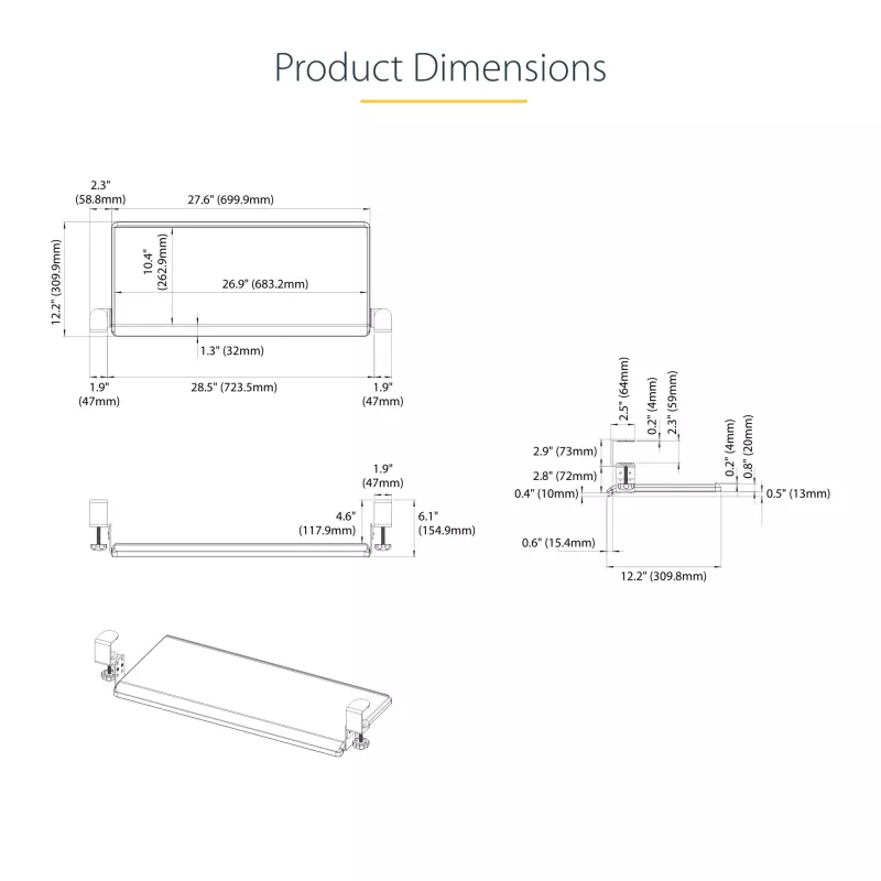 StarTech.com prateleira para teclado sob a mesa, suporte ergonómico de teclado com fixação, até 12 kg, prateleira retrátil para teclado e rato com grampos em C, prateleira de teclado com altura ajustável (100/120/140 mm)