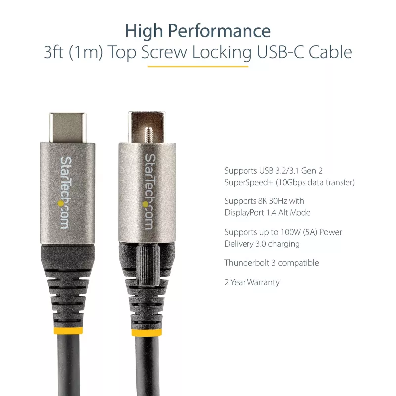 StarTech.com cabo USB-C de 1 m com bloqueio de parafuso superior 10 Gbit/s – cabo USB 3.1/3.2 Gen 2 Type-C – carregamento Power Delivery 100 W (5 A), modo DP-Alt – bloqueio de parafuso individual, cabo USB-C para carregar/sincronizar