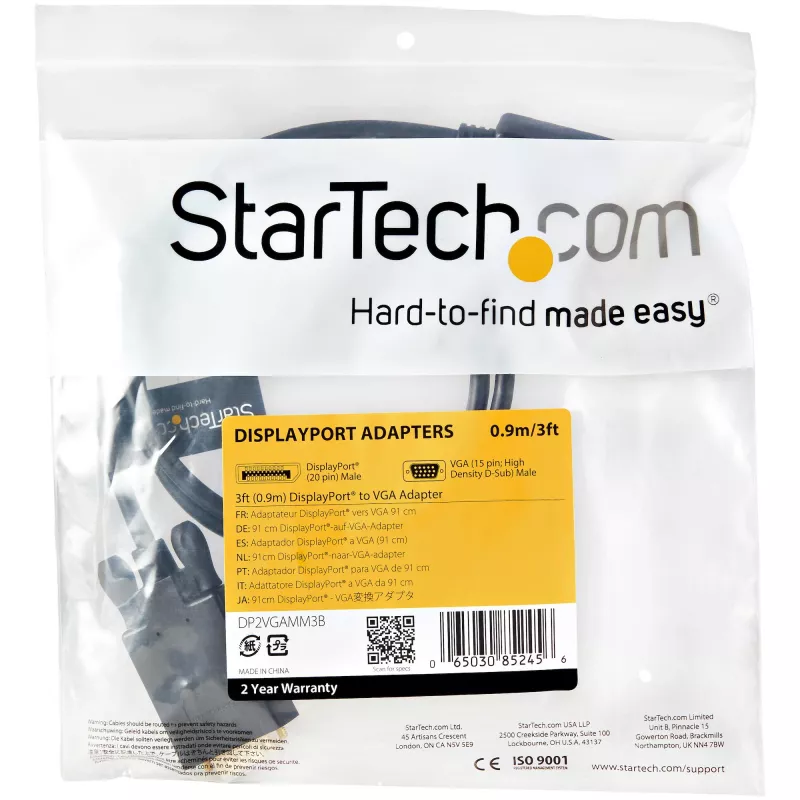 StarTech.com DP2VGAMM3B cabo adaptador ativo de DisplayPort para VGA, 3 pés (1 m), 1920x1200, ficha DP com trava, preto