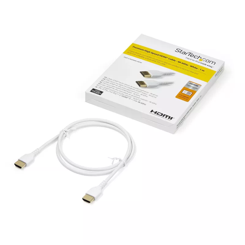 Cabo HDMI 2.0 fino StarTech.com 3ft (1 m), cabo HDMI Premium flexível certificado com Ethernet, UHD 4K 60Hz HDR10, design robusto em tecido de aramida com revestimento TPE, branco