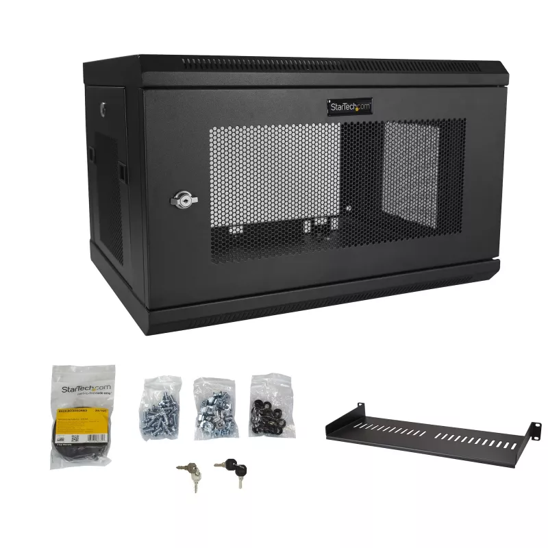 StarTech.com Armário de rede de montagem na parede de 2 postes 6HE com prateleira 1HE, rack de servidor de montagem na parede de 19 polegadas para equipamento de dados/rede/AV/eletrónica/informática, armário pequeno ventilado
