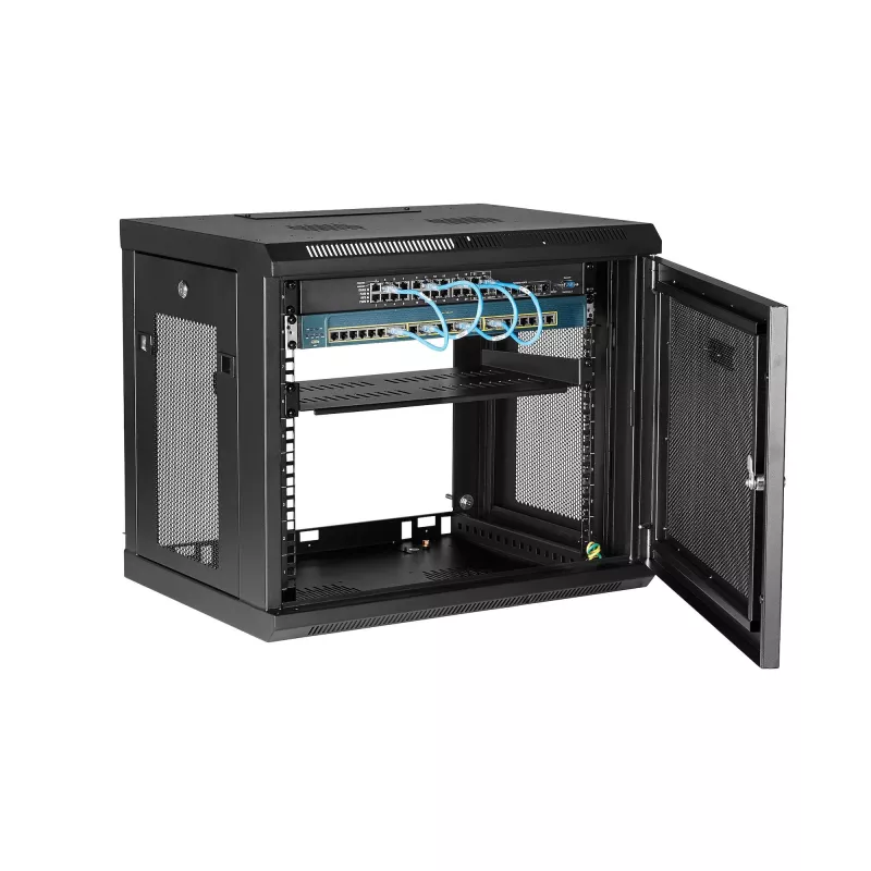 Armário de rede StarTech.com de 2 postes 9U para montagem na parede com prateleira de 1U, rack de servidor de 19 polegadas para montagem na parede para equipamento de dados/rede/AV/eletrónica/informática, armário de rack pequeno ventilado