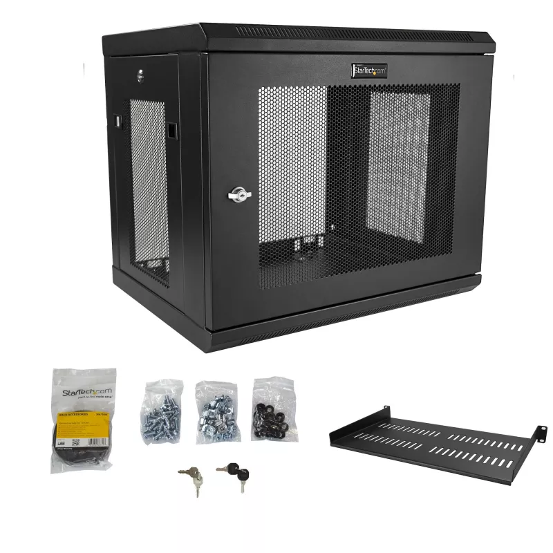 Armário de rede StarTech.com de 2 postes 9U para montagem na parede com prateleira de 1U, rack de servidor de 19 polegadas para montagem na parede para equipamento de dados/rede/AV/eletrónica/informática, armário de rack pequeno ventilado