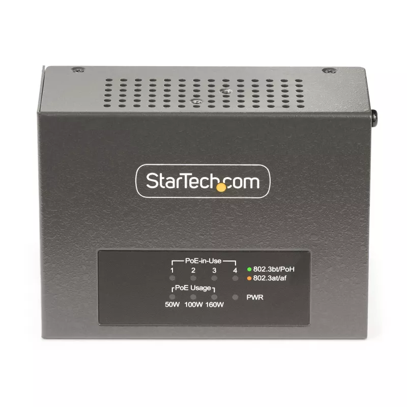 Injetor PoE++ Multi-Gigabit de 4 portas StarTech.com, Ethernet 5/2.5/1G (NBASE-T), PoE/PoE+/PoE++ (802.3af/802.3at/802.3bt), orçamento de potência de 160 Watt, montagem na parede/calha DIN, não gerido
