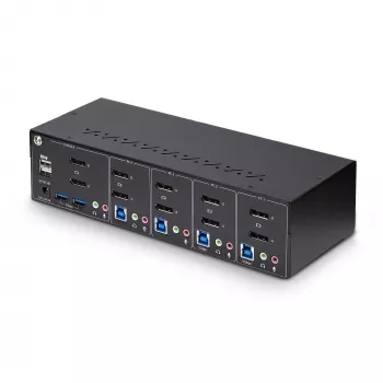 Switch KVM DisplayPort Dual-Monitor de 4 portas StarTech.com, 4K 60Hz, 2x portas hub USB 5Gbps, 2x portas USB 2.0 HID, comutação por hotkey e botão, compatível TAA – áudio 3,5 mm, HDCP