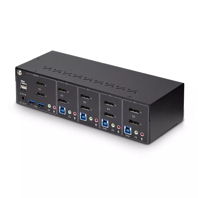 Switch KVM DisplayPort Dual-Monitor de 4 portas StarTech.com, 4K 60Hz, 2x portas hub USB 5Gbps, 2x portas USB 2.0 HID, comutação por hotkey e botão, compatível TAA – áudio 3,5 mm, HDCP