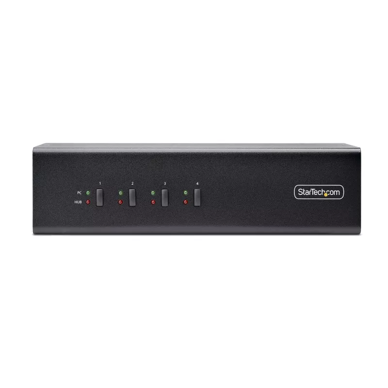 Switch KVM DisplayPort Dual-Monitor de 4 portas StarTech.com, 4K 60Hz, 2x portas hub USB 5Gbps, 2x portas USB 2.0 HID, comutação por hotkey e botão, compatível TAA – áudio 3,5 mm, HDCP
