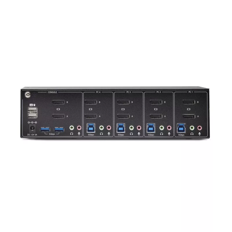 Switch KVM DisplayPort Dual-Monitor de 4 portas StarTech.com, 4K 60Hz, 2x portas hub USB 5Gbps, 2x portas USB 2.0 HID, comutação por hotkey e botão, compatível TAA – áudio 3,5 mm, HDCP