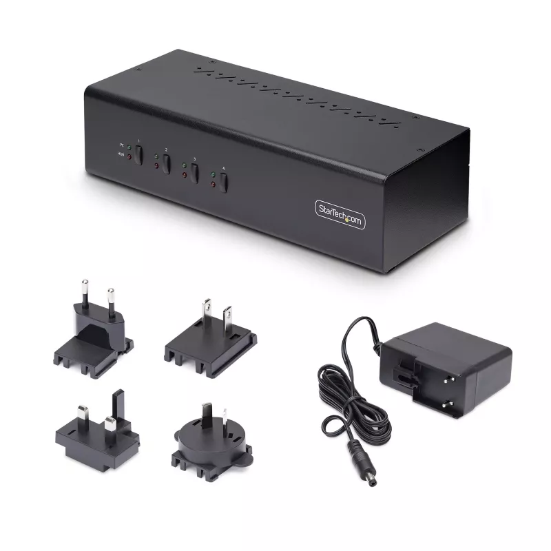 Switch KVM DisplayPort Dual-Monitor de 4 portas StarTech.com, 4K 60Hz, 2x portas hub USB 5Gbps, 2x portas USB 2.0 HID, comutação por hotkey e botão, compatível TAA – áudio 3,5 mm, HDCP