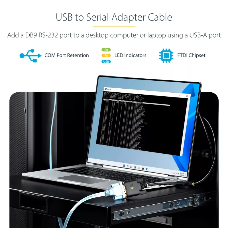 Cabo adaptador USB para serial StarTech.com 3ft (1m), retenção COM, parafusos/porcas substituíveis, USB-A para DB9 RS232, FTDI IC, proteção ESD, Windows/macOS/Linux