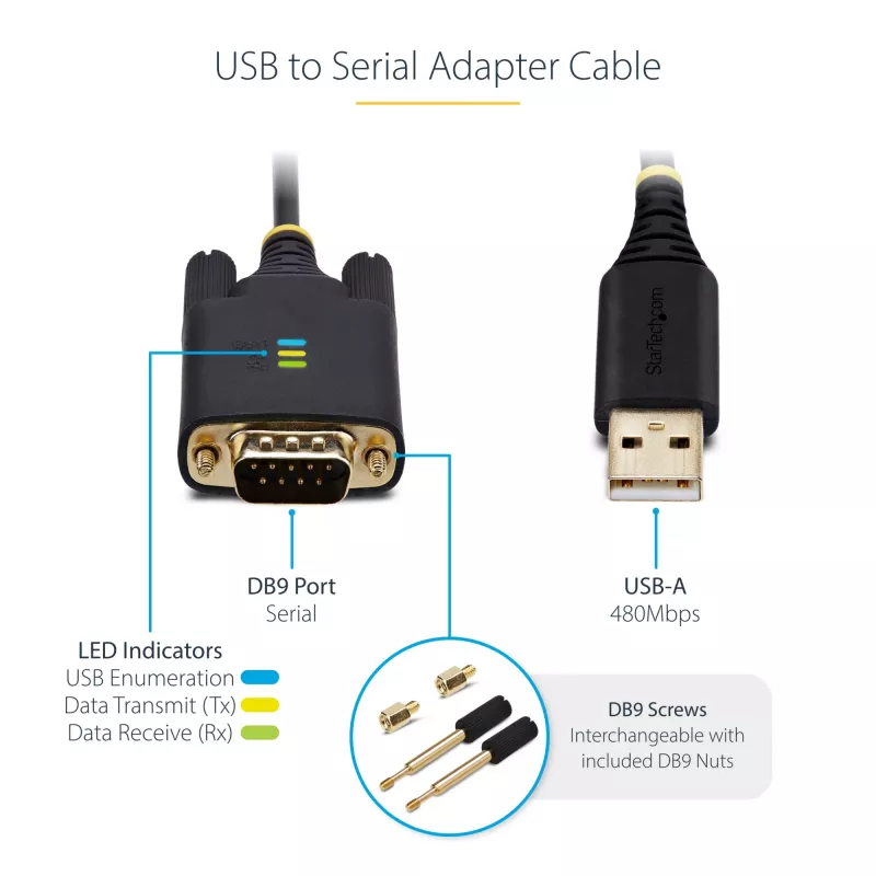 Cabo adaptador USB para serial StarTech.com 3ft (1m), retenção COM, parafusos/porcas substituíveis, USB-A para DB9 RS232, FTDI IC, proteção ESD, Windows/macOS/Linux