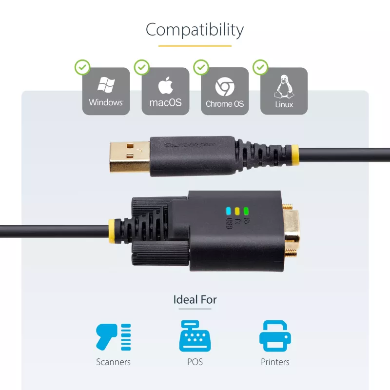 Cabo adaptador USB para serial StarTech.com 3ft (1m), retenção COM, parafusos/porcas substituíveis, USB-A para DB9 RS232, FTDI IC, proteção ESD, Windows/macOS/Linux