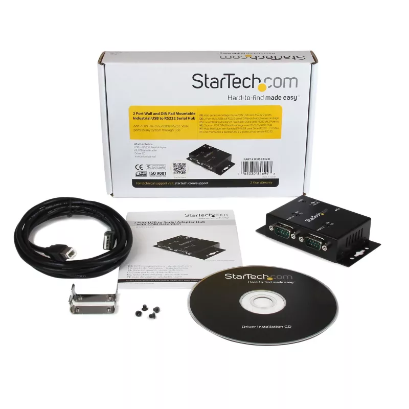 Hub adaptador USB para série industrial de 2 portas StarTech.com de montagem na parede com clipes para calha DIN