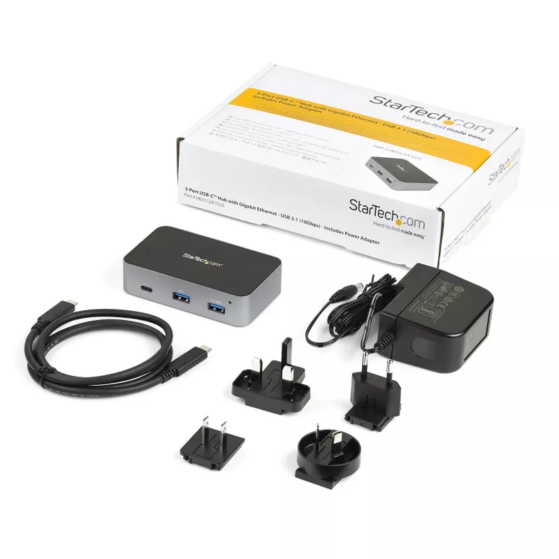 StarTech.com HB31C2A1CGS hub USB-C de 3 portas com Gigabit Ethernet, USB 3.1 Gen 2 10 Gbps, 2x USB-A + 1x USB-C, cabo host de 1 m, com transformador