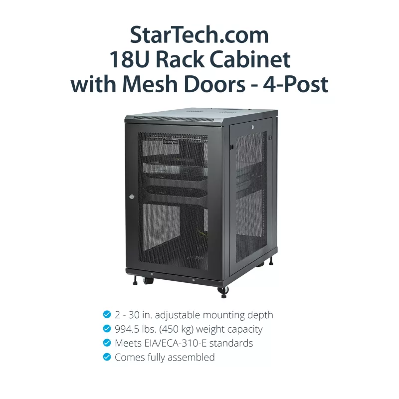Armário de rack de servidor 4 postes 18U StarTech.com, armário de rack de 19 polegadas bloqueável para equipamento de computador / AV / IT, rack de rede de escritório / casa com rodas e calhas de montagem ajustáveis