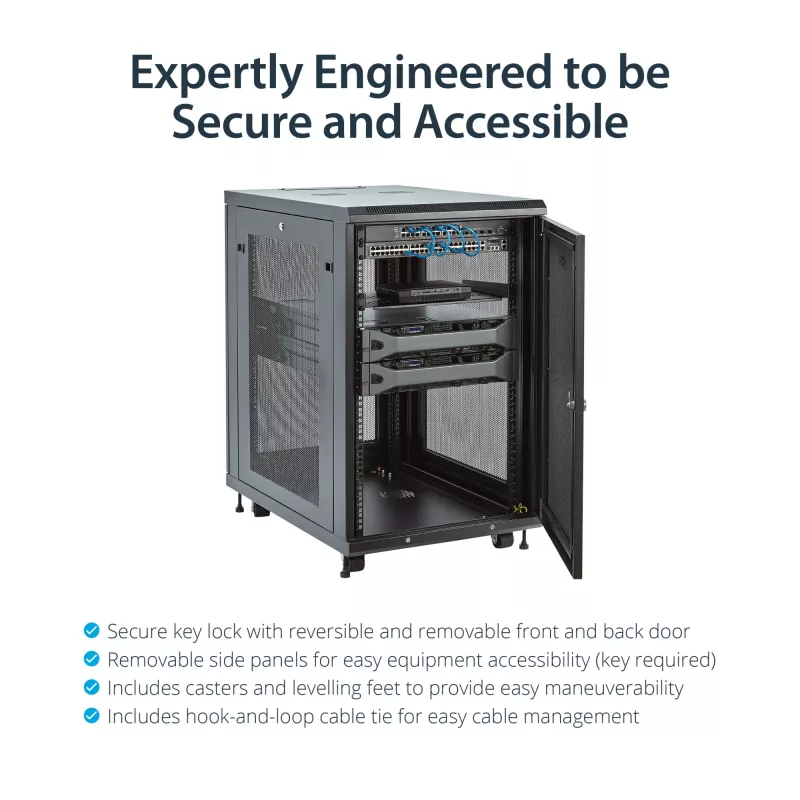 Armário de rack de servidor 4 postes 18U StarTech.com, armário de rack de 19 polegadas bloqueável para equipamento de computador / AV / IT, rack de rede de escritório / casa com rodas e calhas de montagem ajustáveis