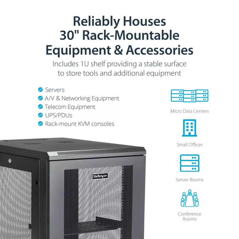 Armário de rack de servidor 4 postes 18U StarTech.com, armário de rack de 19 polegadas bloqueável para equipamento de computador / AV / IT, rack de rede de escritório / casa com rodas e calhas de montagem ajustáveis