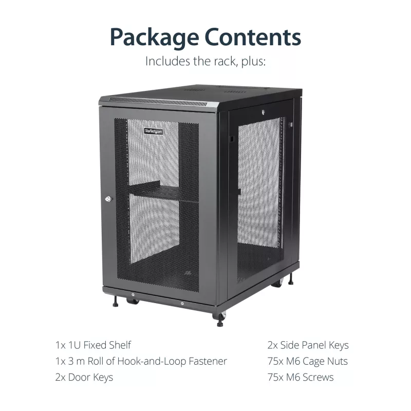 Armário de rack de servidor 4 postes 18U StarTech.com, armário de rack de 19 polegadas bloqueável para equipamento de computador / AV / IT, rack de rede de escritório / casa com rodas e calhas de montagem ajustáveis