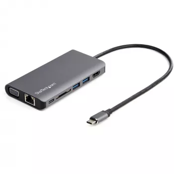Adaptador multiporta USB-C StarTech.com – dock de viagem mini USB-C com HDMI 4K ou VGA 1080p – hub 3x USB 3.0, SD, GbE, áudio, 100W PD Pass-Through – docking station portátil para portátil/tablet