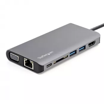 Adaptador multiporta USB-C StarTech.com – dock de viagem mini USB-C com HDMI 4K ou VGA 1080p – hub 3x USB 3.0, SD, GbE, áudio, 100W PD Pass-Through – docking station portátil para portátil/tablet