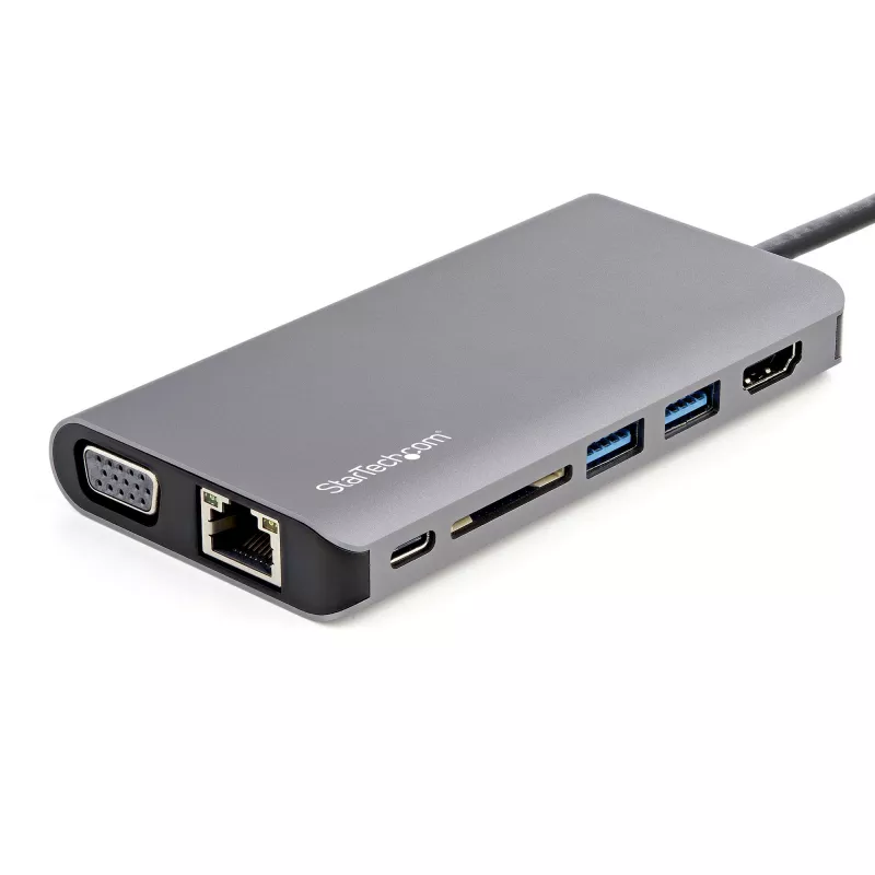 Adaptador multiporta USB-C StarTech.com – dock de viagem mini USB-C com HDMI 4K ou VGA 1080p – hub 3x USB 3.0, SD, GbE, áudio, 100W PD Pass-Through – docking station portátil para portátil/tablet