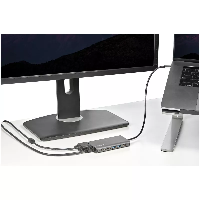 Adaptador multiporta USB-C StarTech.com – dock de viagem mini USB-C com HDMI 4K ou VGA 1080p – hub 3x USB 3.0, SD, GbE, áudio, 100W PD Pass-Through – docking station portátil para portátil/tablet