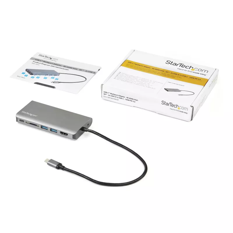 Adaptador multiporta USB-C StarTech.com – dock de viagem mini USB-C com HDMI 4K ou VGA 1080p – hub 3x USB 3.0, SD, GbE, áudio, 100W PD Pass-Through – docking station portátil para portátil/tablet