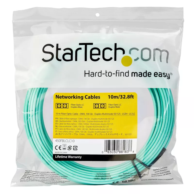 StarTech.com Cabo de fibra ótica multimodo LC/UPC para LC/UPC OM4 de 10m (30ft), fibra zipcord LOMMF/VCSEL 50/125µm, 100G, baixa atenuação de inserção – cabo jumper de fibra ótica LSZH
