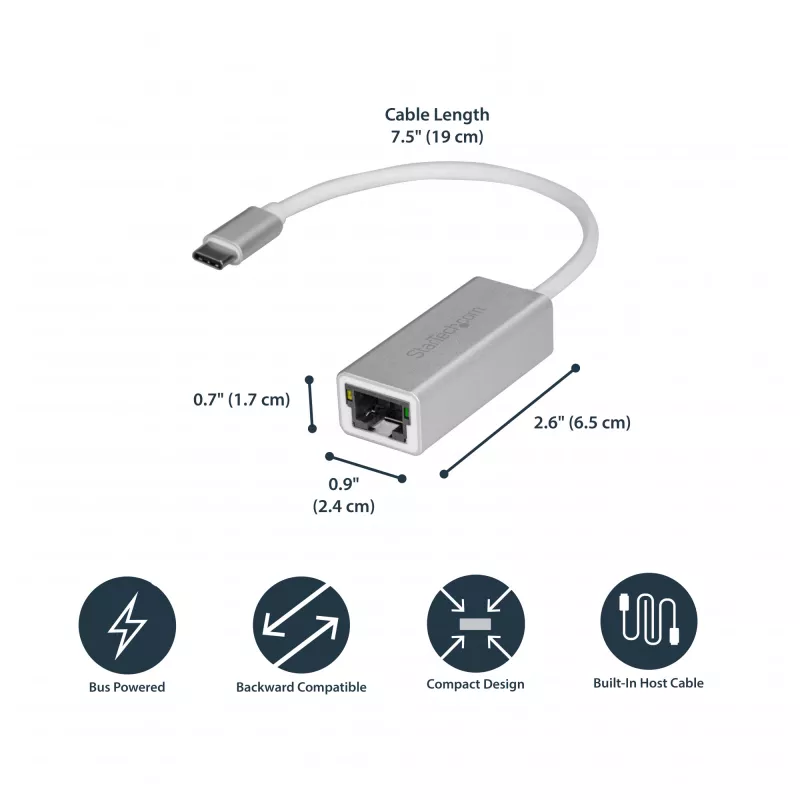 StarTech.com Adaptador de rede USB-C para Gigabit – prateado, com fios, USB, Ethernet, 5000 Mbit/s, prateado
