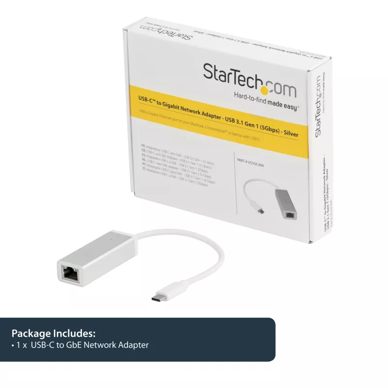 StarTech.com Adaptador de rede USB-C para Gigabit – prateado, com fios, USB, Ethernet, 5000 Mbit/s, prateado