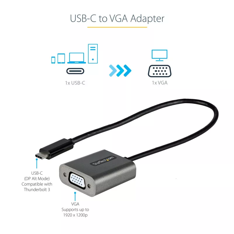 StarTech.com Adaptador USB-C para VGA – adaptador dongle USB Type-C para VGA 1080p – conversor de vídeo USB-C (DP Alt Mode) para monitor/ecrã VGA – compatível com Thunderbolt 3 – cabo integrado de 30 cm – versão melhorada do CDP2VGA