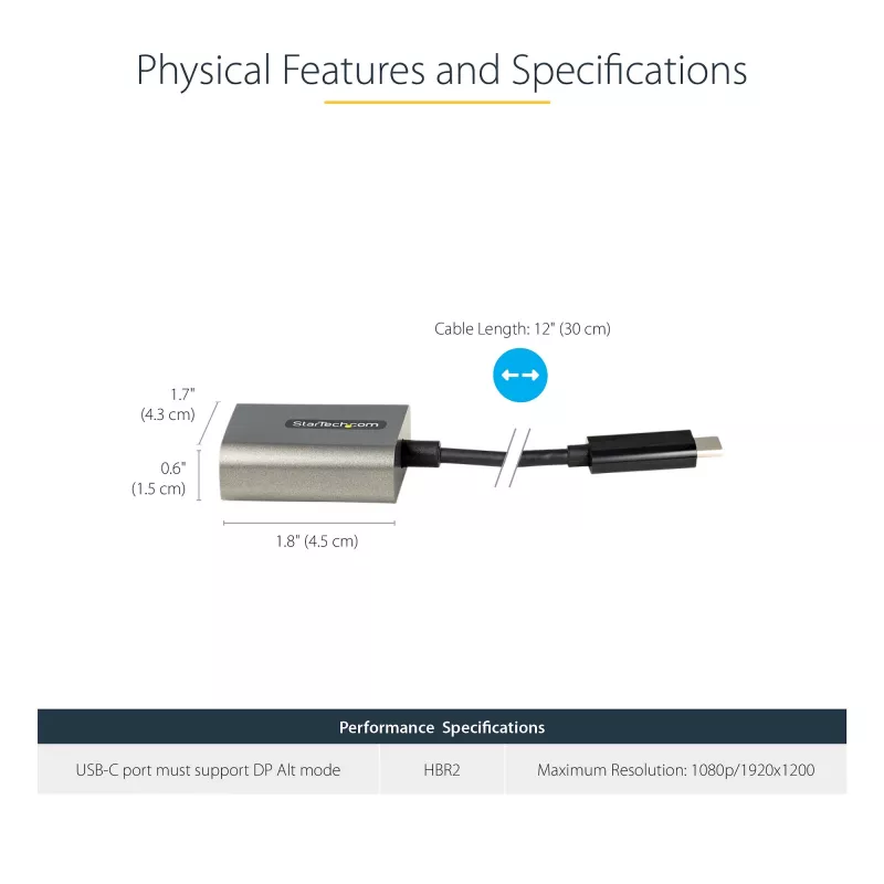 StarTech.com Adaptador USB-C para VGA – adaptador dongle USB Type-C para VGA 1080p – conversor de vídeo USB-C (DP Alt Mode) para monitor/ecrã VGA – compatível com Thunderbolt 3 – cabo integrado de 30 cm – versão melhorada do CDP2VGA