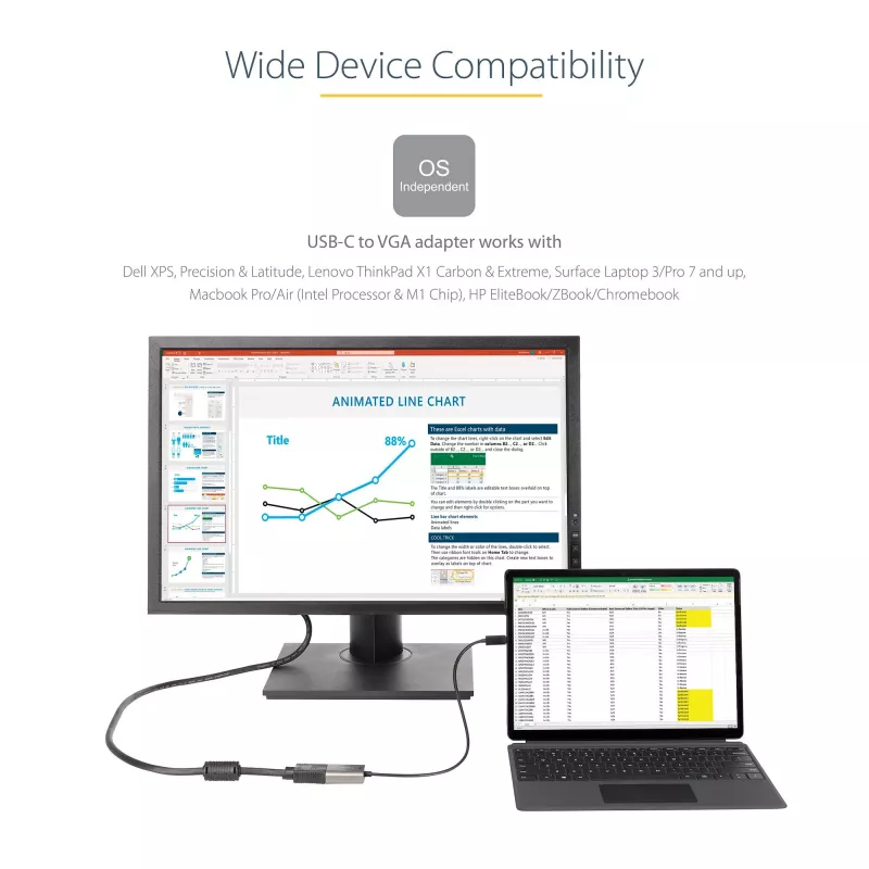 StarTech.com Adaptador USB-C para VGA – adaptador dongle USB Type-C para VGA 1080p – conversor de vídeo USB-C (DP Alt Mode) para monitor/ecrã VGA – compatível com Thunderbolt 3 – cabo integrado de 30 cm – versão melhorada do CDP2VGA