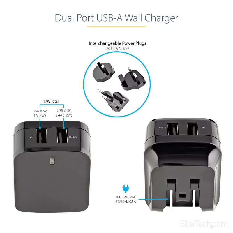 Carregador USB de parede StarTech.com de porta dupla – viagens internacionais – 17W/3,4A – preto