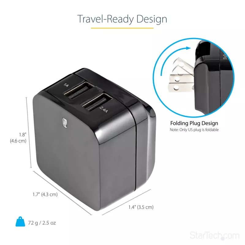 Carregador USB de parede StarTech.com de porta dupla – viagens internacionais – 17W/3,4A – preto