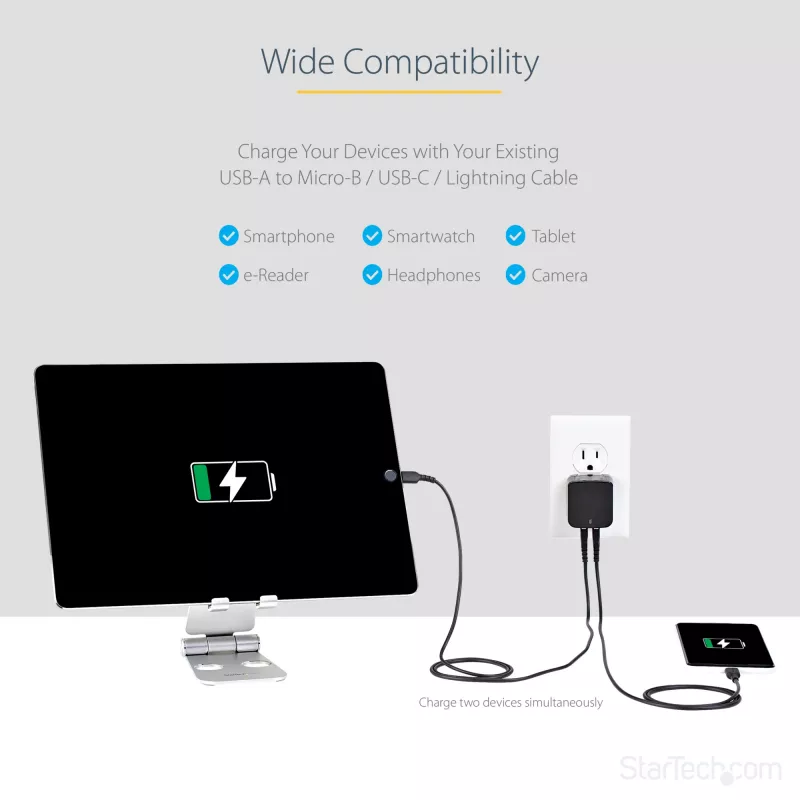 Carregador USB de parede StarTech.com de porta dupla – viagens internacionais – 17W/3,4A – preto