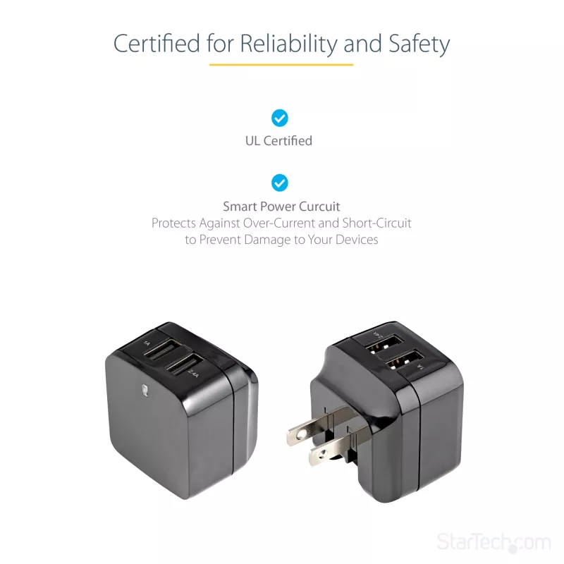 Carregador USB de parede StarTech.com de porta dupla – viagens internacionais – 17W/3,4A – preto