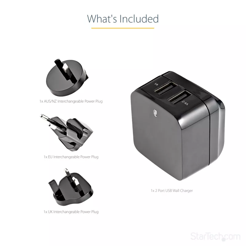 Carregador USB de parede StarTech.com de porta dupla – viagens internacionais – 17W/3,4A – preto