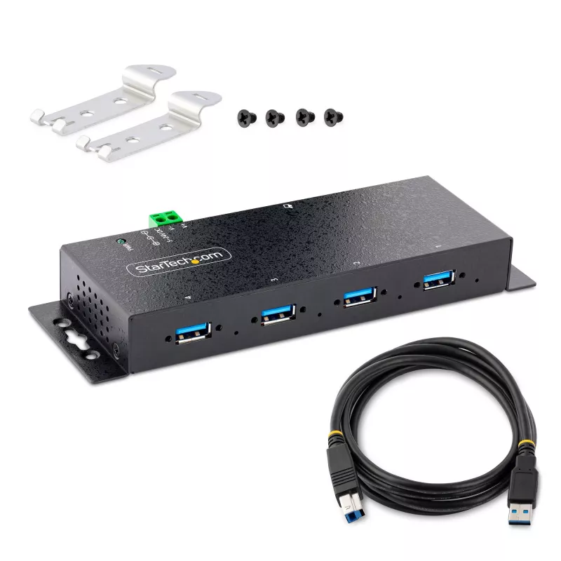 Hub USB 3.0 industrial de 4 portas StarTech.com 5Gbps, hub USB robusto com proteção ESD, hub USB-A para montagem DIN/parede/mesa, extensão USB com conectores de bloqueio, Heavy Duty – TAA