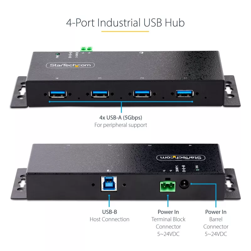 Hub USB 3.0 industrial de 4 portas StarTech.com 5Gbps, hub USB robusto com proteção ESD, hub USB-A para montagem DIN/parede/mesa, extensão USB com conectores de bloqueio, Heavy Duty – TAA