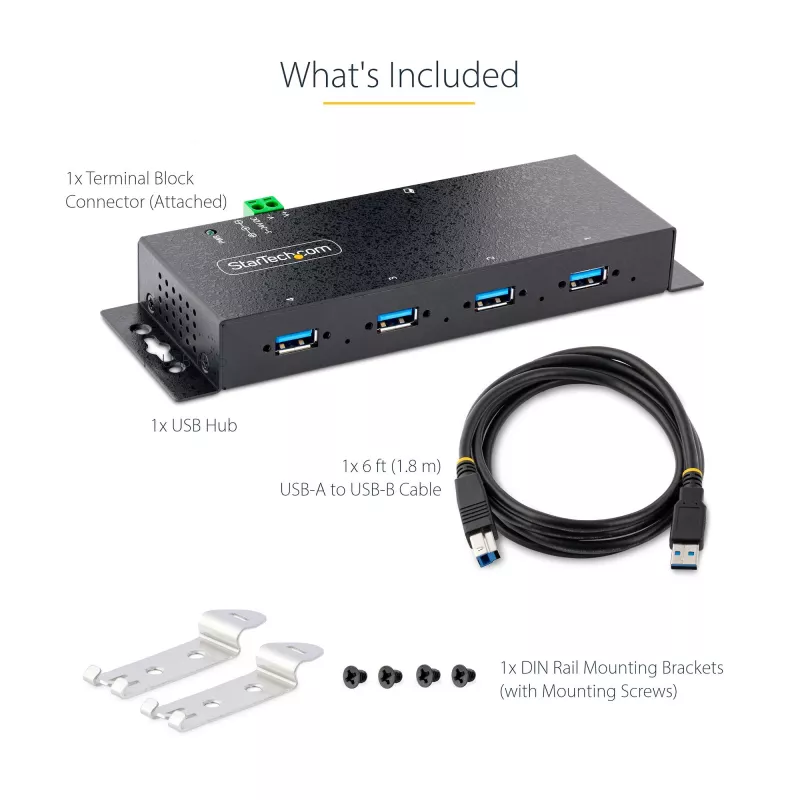 Hub USB 3.0 industrial de 4 portas StarTech.com 5Gbps, hub USB robusto com proteção ESD, hub USB-A para montagem DIN/parede/mesa, extensão USB com conectores de bloqueio, Heavy Duty – TAA