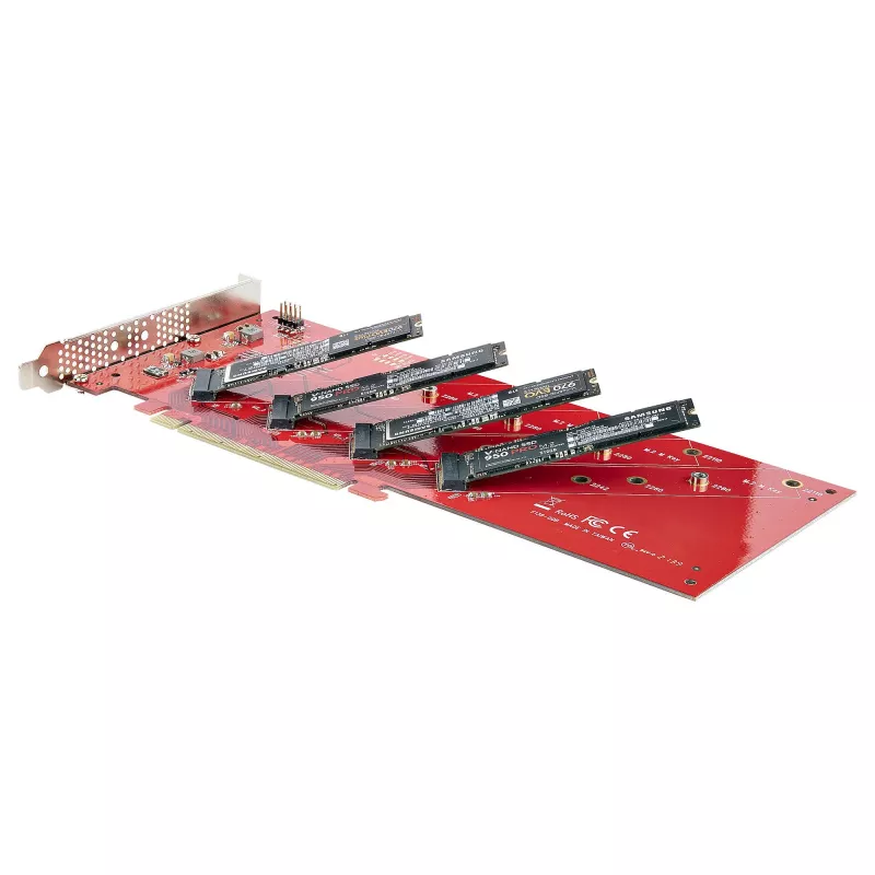 Placa adaptadora Quad M.2 PCIe StarTech.com, PCIe x16 para quatro SSD NVMe ou AHCI M.2, PCI Express 4.0, 7,8 GBps/unidade, bifurcação necessária, compatível com Windows/Linux