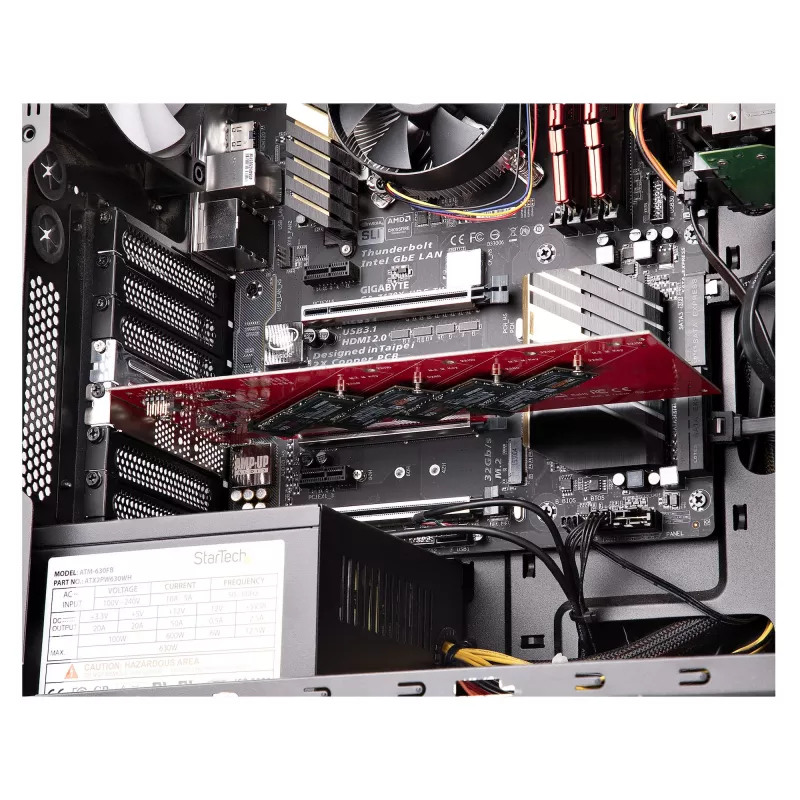 Placa adaptadora Quad M.2 PCIe StarTech.com, PCIe x16 para quatro SSD NVMe ou AHCI M.2, PCI Express 4.0, 7,8 GBps/unidade, bifurcação necessária, compatível com Windows/Linux