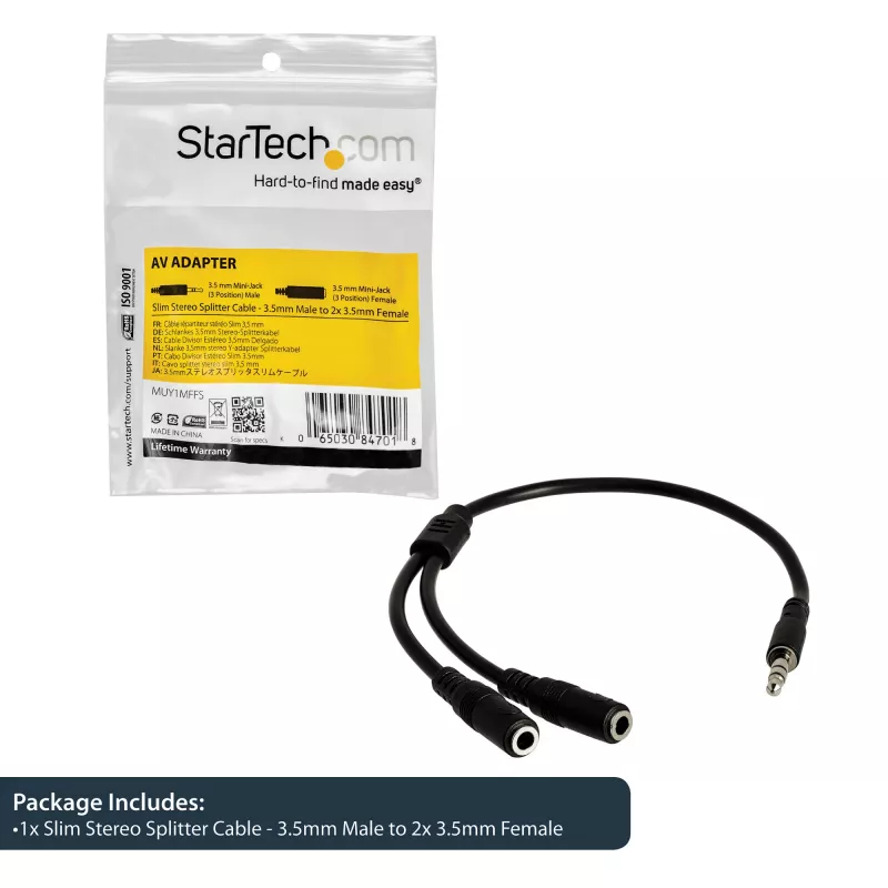 Cabo divisor estéreo fino StarTech.com – ficha de 3,5 mm para 2x conector fêmea de 3,5 mm