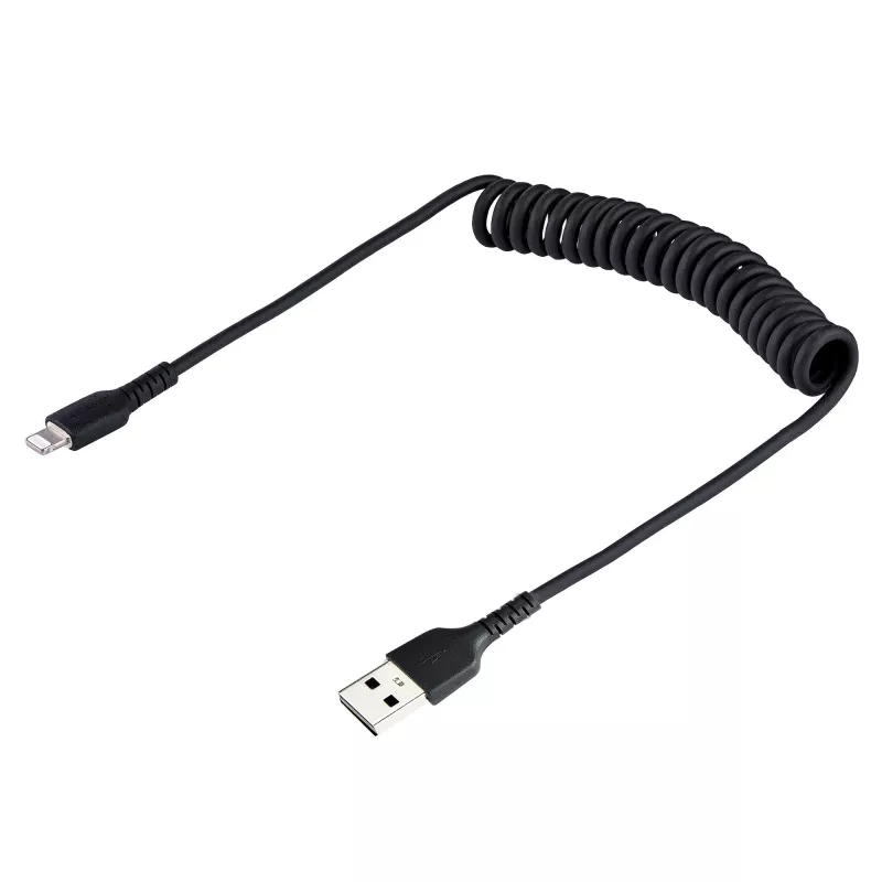 Cabo USB para Lightning StarTech.com de 50 cm (20 inch), certificado MFi, cabo de carregamento iPhone espiralado, preto, revestimento TPE resistente com fibra de aramida, cabo Lightning espiralado robusto