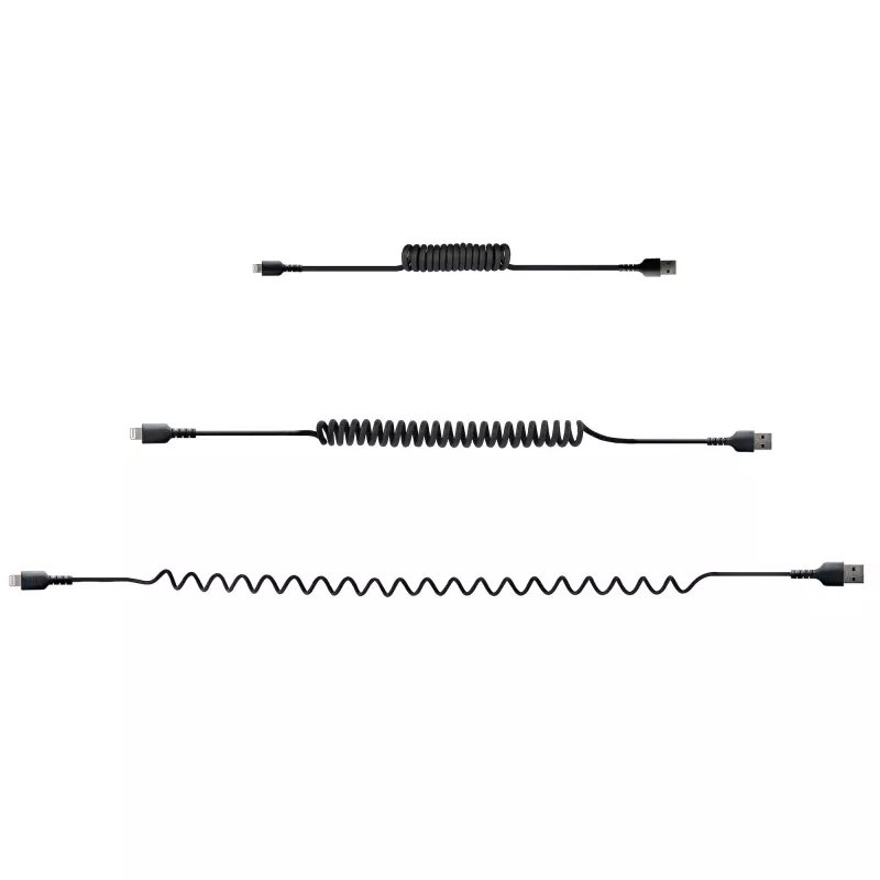 Cabo USB para Lightning StarTech.com de 50 cm (20 inch), certificado MFi, cabo de carregamento iPhone espiralado, preto, revestimento TPE resistente com fibra de aramida, cabo Lightning espiralado robusto