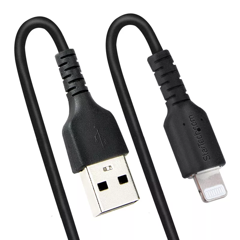 Cabo USB para Lightning StarTech.com de 50 cm (20 inch), certificado MFi, cabo de carregamento iPhone espiralado, preto, revestimento TPE resistente com fibra de aramida, cabo Lightning espiralado robusto